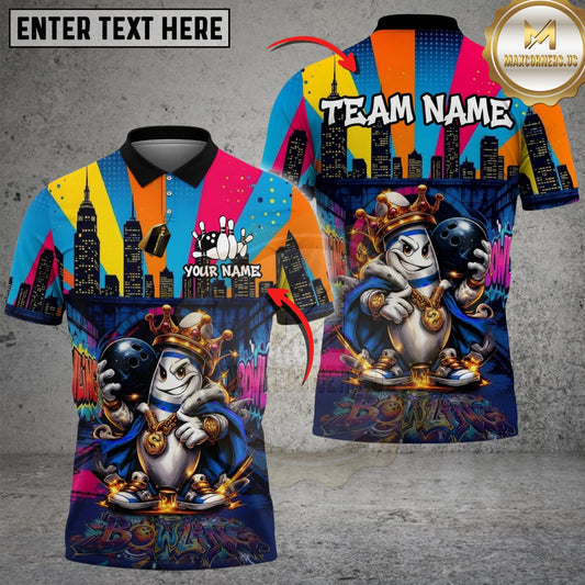 Maxcorners Bowling & Pins Graffiti Street Lane King Customized Name, Team Name 3D Shirt (4 Colors)