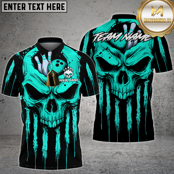 Maxcorners Bowling Shirt Grim Skull Drip Art Multioptions Personalized Name, Team Name Unisex 3D Shirt (4 Colors)