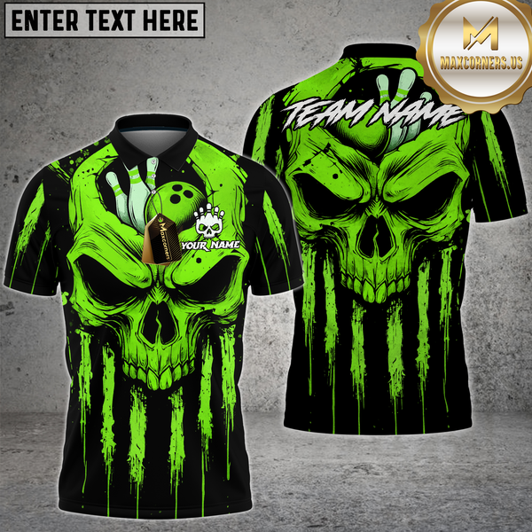 Maxcorners Bowling Shirt Grim Skull Drip Art Multioptions Personalized Name, Team Name Unisex 3D Shirt (4 Colors)