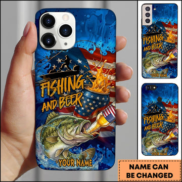 Maxcorners Bass Fishing Phone Case Fishing And Beer American Flag Personalized Name 3D Phone Case