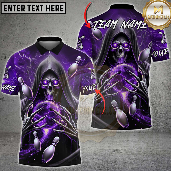 Maxcorners Bowling Shirt Skull Grim Reaper Lightning Multioptions Personalized Name, Team Name Unisex 3D Shirt