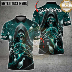 Maxcorners Bowling Shirt Skull Grim Reaper Lightning Multioptions Personalized Name, Team Name Unisex 3D Shirt