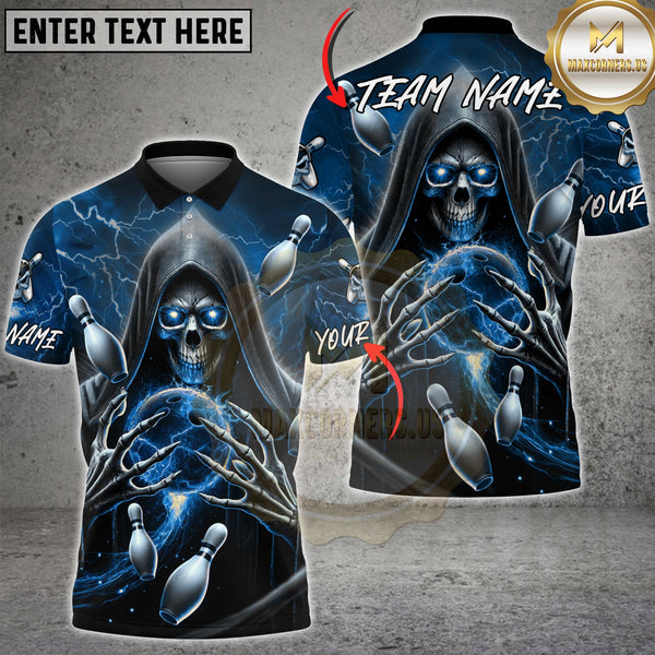 Maxcorners Bowling Shirt Skull Grim Reaper Lightning Multioptions Personalized Name, Team Name Unisex 3D Shirt