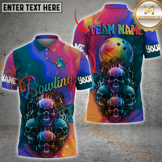 Maxcorners Colorful Rainbow Flame Skull Bowling Polo, Quarter Zip Shirts For Men Custom Bowling Team Jerseys