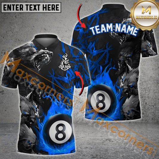 Maxcorners Ball 8 Wolf Flame Billiard Jersey Multicolor Options Personalized Name, Team Name 3D Polo Shirt (4 Colors)