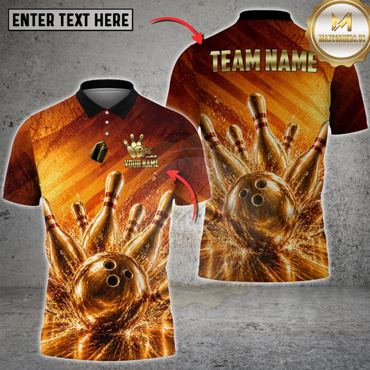 Maxcorners Bowling Golden Strike Ball & Pins Explosion Multicolor Customized Name, Team Name 3D Shirts