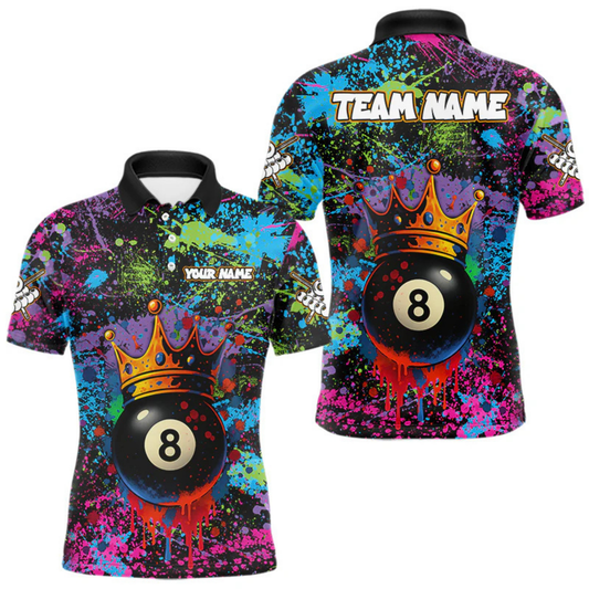 Maxcorners Funny 8 Ball Crown Colorful Paint Splash Custom Billiard Shirt For Men, Billiard Team Jerseys LM105