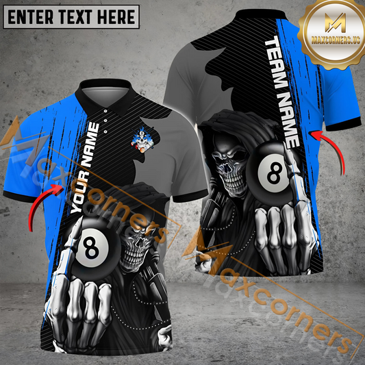 Maxcorners Billiard Ball 8 Grim Reaper Multicolor Options Personalized Name, Team Name 3D Polo Shirt (4 Colors)