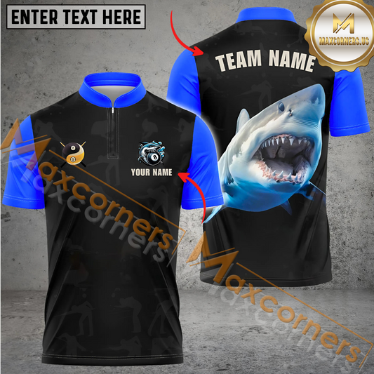 Maxcorners Shark Billiard Jersey Multicolor Options Personalized Name, Team Name 3D Polo Shirt (4 Colors)
