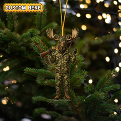 Maxcorners Personalized Camo Moose Hunter Attitude Hunting Acrylic Christmas Ornament And Keychain Custom Gift For Hunters 2D Flat