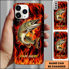Maxcorner Pike Fishing Fire Flame Background Personalized Name 3D Phone Case