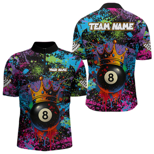 Maxcorners Funny 8 Ball Crown Colorful Paint Splash Custom Billiard Shirt For Men, Billiard Team Jerseys LM105