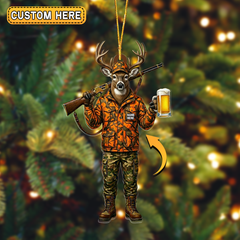 Maxcorners Personalized Deer Hunter Beer Mug Hunting Acrylic Christmas Ornament And Keychain Custom Gift For Hunters 2D Flat