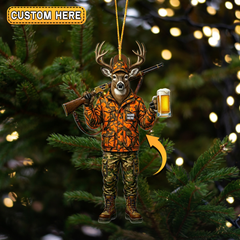 Maxcorners Personalized Deer Hunter Beer Mug Hunting Acrylic Christmas Ornament And Keychain Custom Gift For Hunters 2D Flat