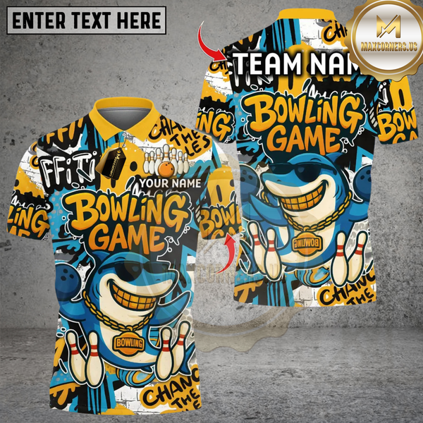 Maxcorners Bowling Funny Shark Graffiti Multicolor Customized Name, Team Name 3D Shirts