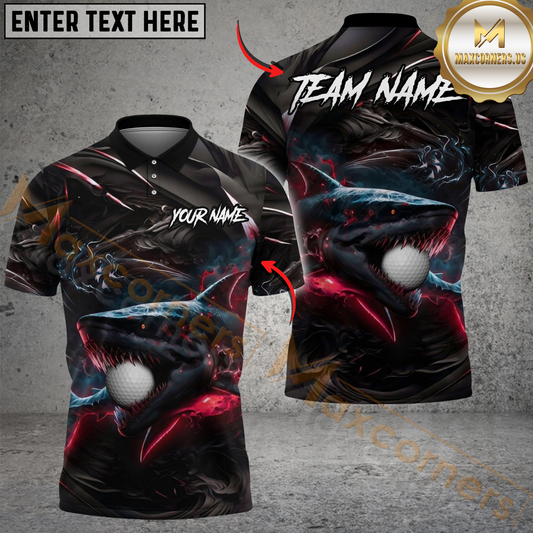 Maxcorners Golf Hell Flame Shark Design Personalized Name, Team Name 3D Shirt (4 Colors)