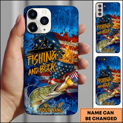 Maxcorners Pike Fishing Phone Case Fishing And Beer American Flag Personalized Name 3D Phone Case