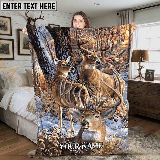 Maxcorners Winter Whitetail Deer Family Wildlife Scene Personalized 3D Blanket