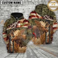 Maxcorners Premium Moose Hunting American Flag Pullover 3D Full Print Hoodie Best Gift For Hunter (Multicolor)