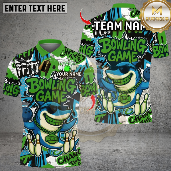 Maxcorners Bowling Funny Shark Graffiti Multicolor Customized Name, Team Name 3D Shirts