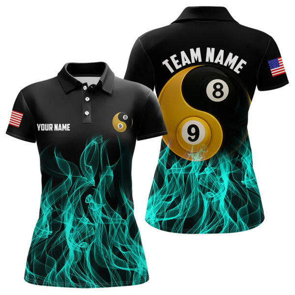 Maxcorners Turquoise Flaming Ying And Yang 8 Ball & 9 Ball Billiard Shirt For Men Custom Pool Billiard Jersey LM064