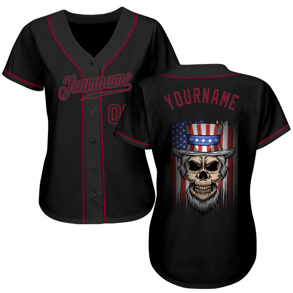 Maxcorners Custom Black Old Gold 3D American Flag Skull Patriotic Premium Baseball Jersey 2 LM0210