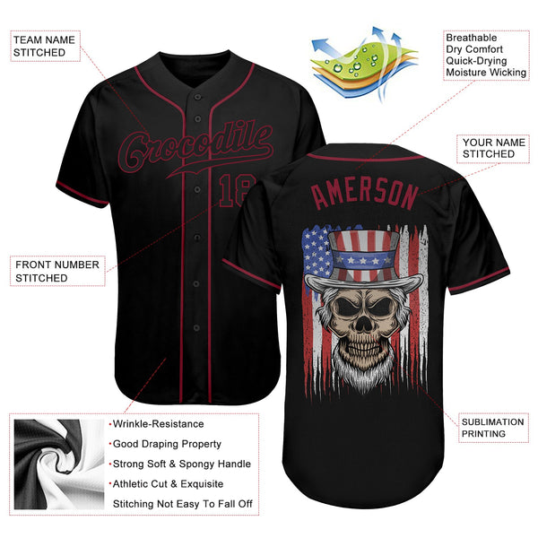 Maxcorners Custom Black Old Gold 3D American Flag Skull Patriotic Premium Baseball Jersey 2 LM0210