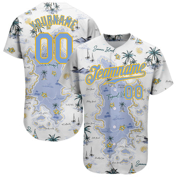 Maxcorners Custom White Light Blue-Yellow 3D Pattern Design Beach Hawaii Palm Trees And Island Authentic Baseball Jersey LM2605