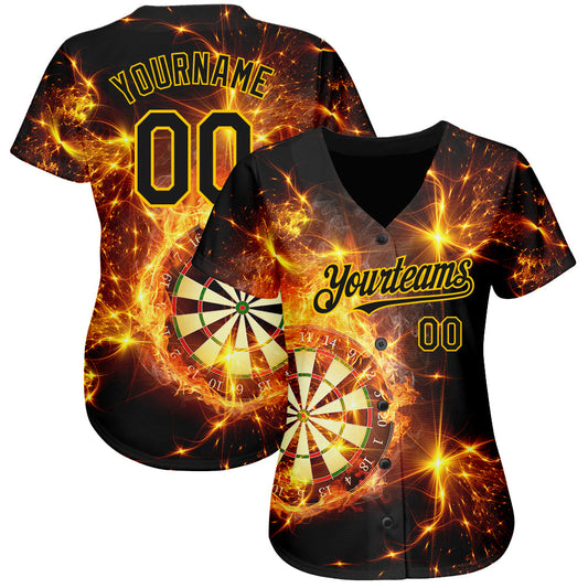 Maxcorners Custom Black Gold 3D Pattern Design Flame Dart Board Authentic Baseball Jersey LM2605