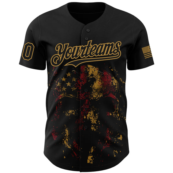 Maxcorners Custom Black Old Gold 3D American Flag Skull Patriotic Premium Baseball Jersey 1 LM0210