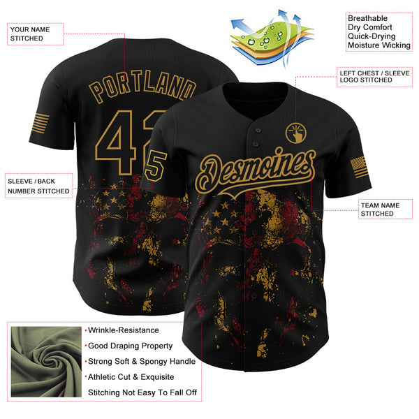 Maxcorners Custom Black Old Gold 3D American Flag Skull Patriotic Premium Baseball Jersey 1 LM0210
