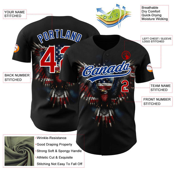 Maxcorners Custom Red USA Flag-Black 3D American Flag Patriotic Premium Baseball Jersey LM0210
