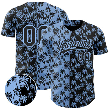 Maxcorners Custom Light Blue Black 3D Pattern Design Tropical Hawaii Palm Trees Authentic Baseball Jersey LM2605
