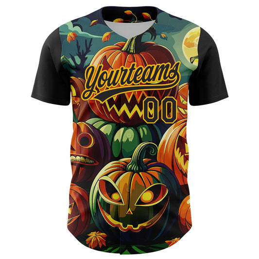 Maxcorners Custom Black Gold 3D Halloween Authentic Baseball Jersey LM2605