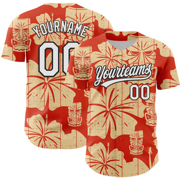 Maxcorners Custom Red White-Black 3D Tropical Hawaii Flower And Tiki Mask Authentic Baseball Jersey LM2605