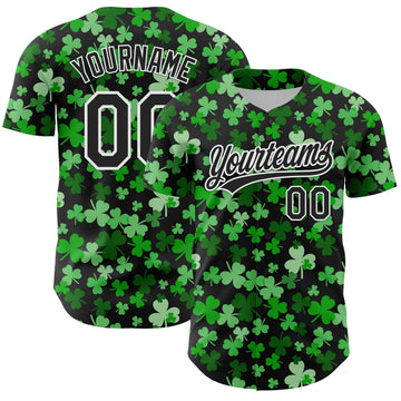 Maxcorners Custom Black White 3D St. Patrick's Day Shamrock Authentic Baseball Jersey LM2605