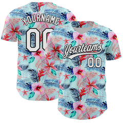 Maxcorners Custom Ice Blue White-Black 3D Hawaii Tropical Palm Leaves And Flower Authentic Baseball Jersey
 LM0609