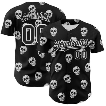 Maxcorners Custom Black White 3D Skull Authentic Baseball Jersey LM0609