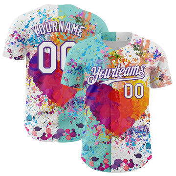 Maxcorners Custom White Ice Blue-Purple 3D Pattern Design Graffiti Splash Authentic Baseball Jersey LM0609