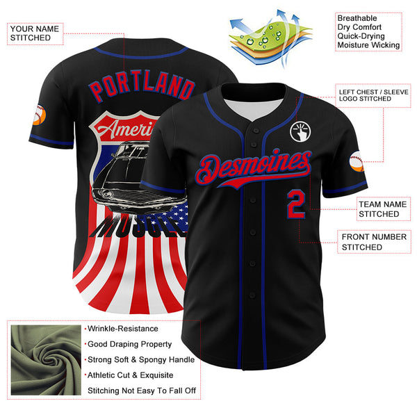Maxcorners Custom Black US Navy Blue-White 3D Patriotic American Flag And Muscle Car Premium Baseball Jersey LM0210