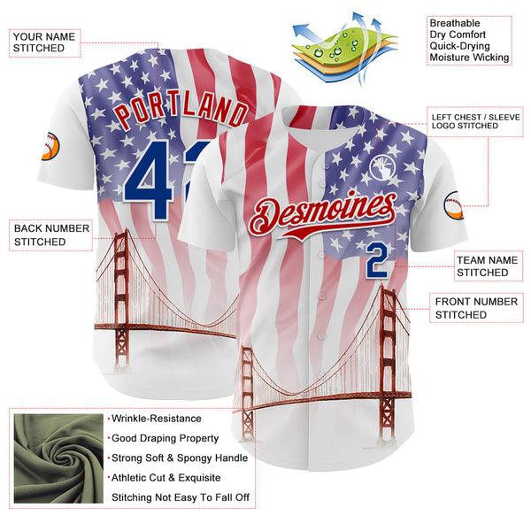 Maxcorners Custom White Royal-Red 3D Patriotic American Flag And Eagle Premium Baseball Jersey LM0210