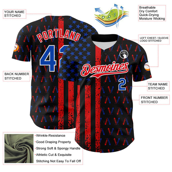 Maxcorners Custom Black Thunder Blue-Red 3D Patriotic Skull American Flag Premium Baseball Jersey LM0210
