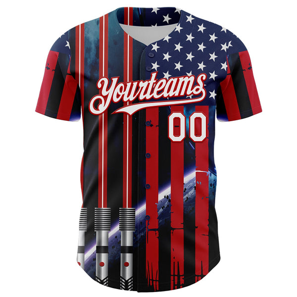 Maxcorners Custom Blue Dark Purple-Sky Blue 3D Pattern Design Outer Space Light Swords American Flag Premium Baseball Jersey LM0210