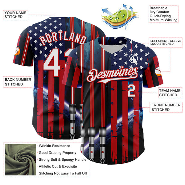 Maxcorners Custom Blue Dark Purple-Sky Blue 3D Pattern Design Outer Space Light Swords American Flag Premium Baseball Jersey LM0210