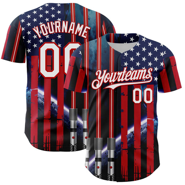 Maxcorners Custom Blue Dark Purple-Sky Blue 3D Pattern Design Outer Space Light Swords American Flag Premium Baseball Jersey LM0210