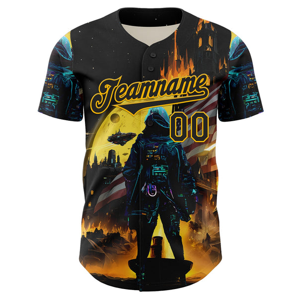 Maxcorners Custom Black Gold 3D Pattern Design Outer Space Light Swords American Flag Premium Baseball Jersey LM0210