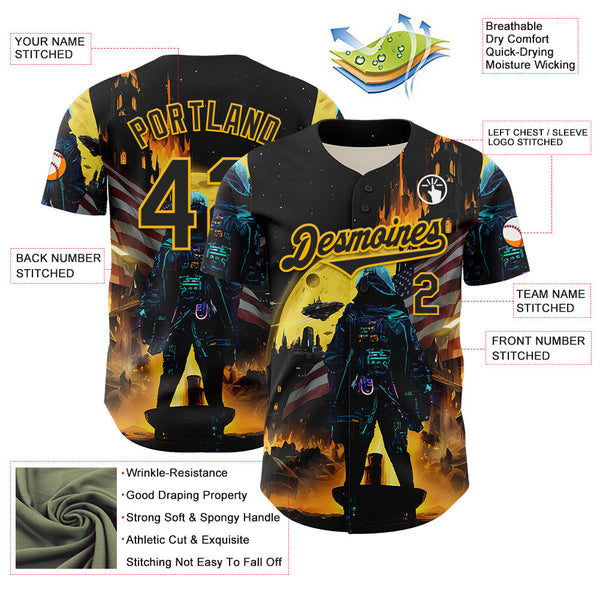 Maxcorners Custom Black Gold 3D Pattern Design Outer Space Light Swords American Flag Premium Baseball Jersey LM0210