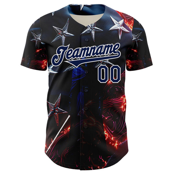 Maxcorners Custom Blue Purple-White 3D Pattern Design Outer Space Light Swords American Flag Premium Baseball Jersey LM0210