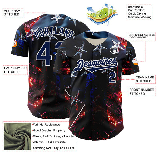 Maxcorners Custom Blue Purple-White 3D Pattern Design Outer Space Light Swords American Flag Premium Baseball Jersey LM0210