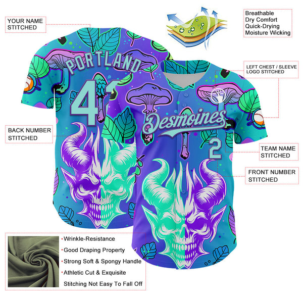 Maxcorners Custom Blue Ice Blue-Purple 3D Pattern Design Trippy Magic Mushrooms Demon Skull Premium Baseball Jersey LM0210